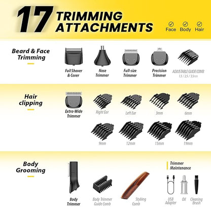 Beard Trimmer for Men, 17-in-1 Mens Grooming Kit with 6 Trimmer Heads, Cordless Hair Clippers Rechargeable with Charging Dock, IPX7 Waterproof Wet Dry Use for Body Face Nose & Mustache