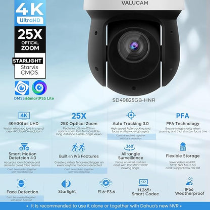 4K PTZ PoE IP Highspeed Dome Outdoor Camera-25x Optical Zoom(5-125mm), PFA Auto Tracking, IVS-Face Detection, SMD4.0, 1/2.8'' Starvis Sensor-0.005lux Starlight Nightvision, Quick Pick, IP66