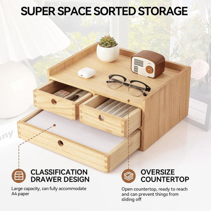 KIRIGEN Wood Organizer Shelf with 3 Drawers for Home Kicthen Decor Office Supplies Desktop Cabinet for Drawer Organizer - Desk Accessories Storage Box -Countertop Shelf Natural（DT2D3C-NA）