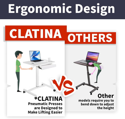 CLATINA Mobile Laptop Standing Desk, Height Adjustable Teacher Podium with Lockable Wheels, Adjustable Work Table with Drawer, Computer Cart Overbed Table for Home Office Classroom, White