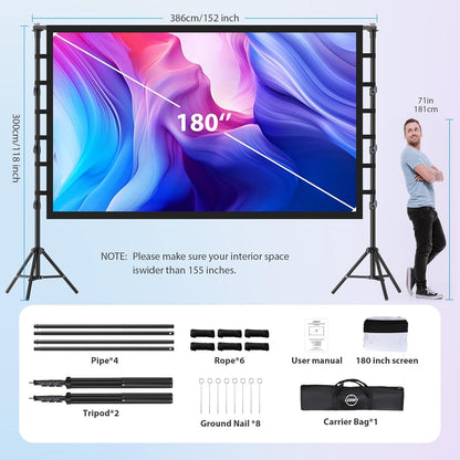 Outdoor Projector Screen with Stand: LEORFI 180 inch Projector Screen Portable, Indoor Projections Screen and Stand, Rear Front Movie Screen 16:9 4K Full HD,Support Height Adjustable for Home Theater