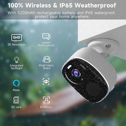 2PCs 2K Security Camera Wireless Outdoor, Surveillance Indoor Home Camera, Battery Powered WiFi Security Cameras with Color Night Vision, AI Motion Detection, 2-Way Audio, IP65, SD/Cloud, Works Alexa