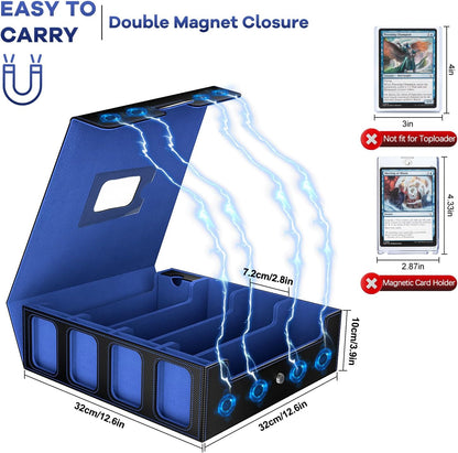 3200+ Trading Card Storage Box with Commander Display, 4-Row TCG Card Box with Portable Handle, Compatible for TCG/MTG/Magic Cards, 30 Colorful Divider, 8 Supporters, US Design Patent (Black&Blue)