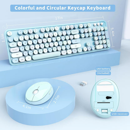 Wireless Keyboard and Mouse Combo, Ergonomic Full Size Typewriter Retro Round Keycaps Keyboard, Compatible with Windows, PC, Perfer for Home and Office Keyboards (Blue