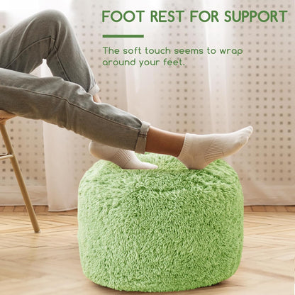 HIGOGOGO Round Stuffed Pouf Ottoman, Long Faux Fur Poufs with Foam Chunk Filling, Fluffy and Furry Pouf Foot Stool Storage Ottoman, 20 X 15 Floor Poufs Foot Rest for Living Room, Green