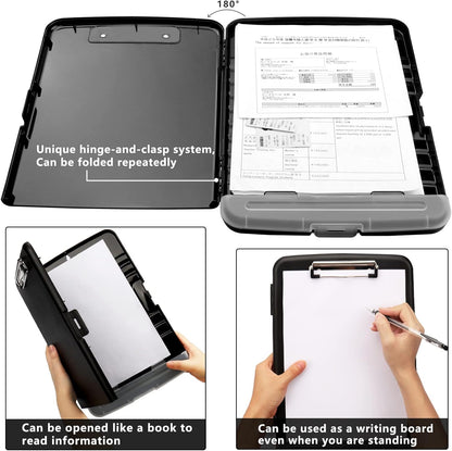 Clipboard with Storage,A4 Binder Clipboards with Pen Holder,Heavy Duty Plastic Storage Clipboard with Low Profile Clip,Nursing Clipboards Folder Side-Opening,Smooth Writing Clip Board for Office-Black