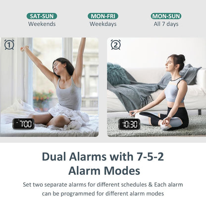 Digital Dual Alarm Clock for Bedroom, Easy to Set, 0-100% Dimmer, USB Charger, 5 Sounds Adjustable Volume, Weekday/Weekend Mode, Snooze, 12/24Hr, Battery Backup, Compact Clock for Bedside