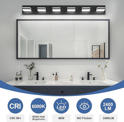 Modern LED Bathroom Lights Fixtures(6-Light),Metal Black Acrylic Wall Lighting,Vanity Lights for Bathroom Over Mirror(6000k 41in)