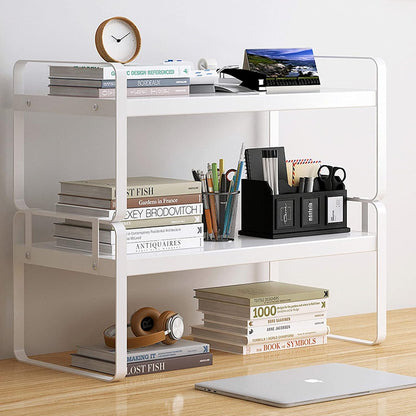 YGYQZ Wood Office Desk Shelf Organizer - Desktop Supplies Cute Dresser Top Organization Storage Rack and Cubicle Decor Aesthetic Bookshelf for Women Man and Kids (White White-Two Tier)