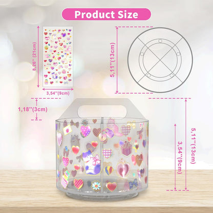 Acrylic Pencil Organizer for Desk 4 Compartments with Adhesive DIY Sticker, Rotating Art Supply Organizer with Kawaii Sticker Kids, Spinning Round Marker Organizer Small Supply Organizers Caddy