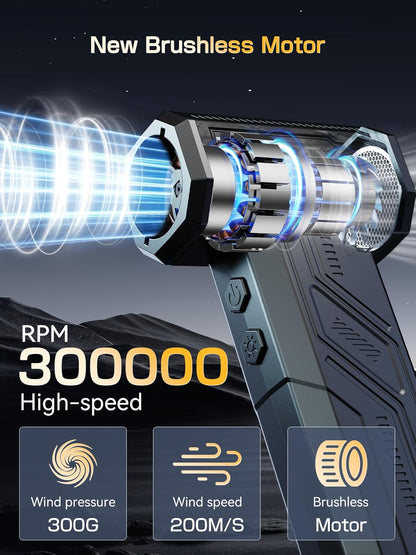 Electric Air Duster, 300000RPM 4-Gear Adjustable Compressed Air Duster with Light, Rechargeable Brushless Motor Air Blower for Keyboard, PC, Car, and Home Cleaning Reusable Replaces Compressed Air Can