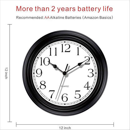 Foxtop Silent Non-Ticking Round Classic Clock Retro Quartz Decorative Battery Operated Wall Clock for Living Room Kitchen Home Office (12 Inch, Black)