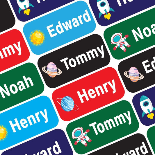 Personalized Waterproof Name Labels Press and Stick Custom Name Stick on Clothing Labels. Customized Up to 3 Lines Great for Camp & Daycare (Space)