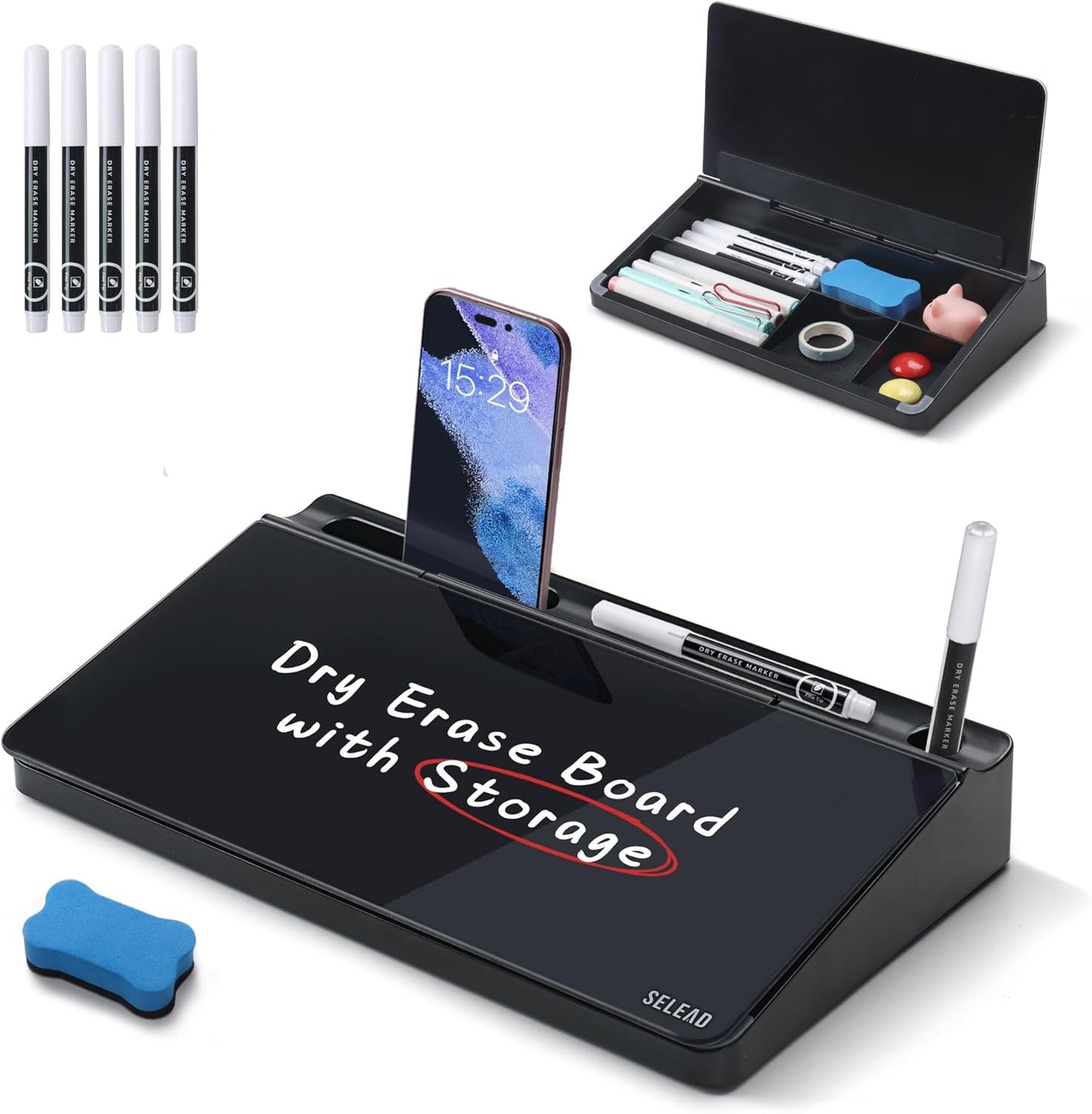 SELEAD Desktop Glass Whiteboard with Storage, Small Dry Erase White Board Computer Pad Keyboard Stand for Home, School, Office Desk Accessories - Black