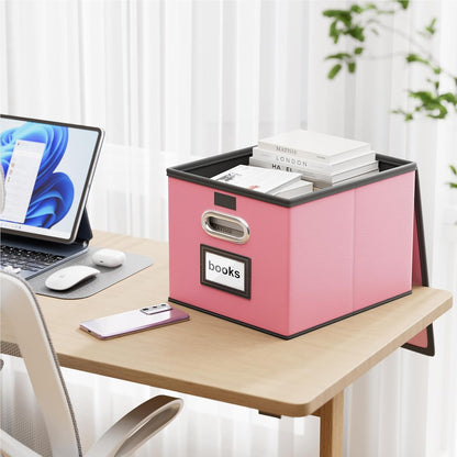 Huolewa Portable Leather File Organizer Boxes with Lids, Office Document Boxes Organizer, Filing Boxes, Decorative Small File Boxes for Hanging Files, File Cabinet for Office/Home - 4 Pack