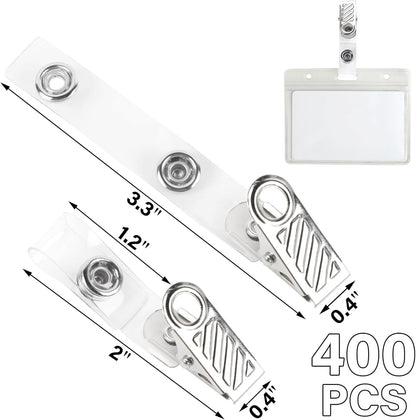 Happy Trees 400 Pcs Metal Badge Clips with Clear PVC Straps, ID Holder Clip for Badge Holders, Name Tags, ID Cards, Work Badges