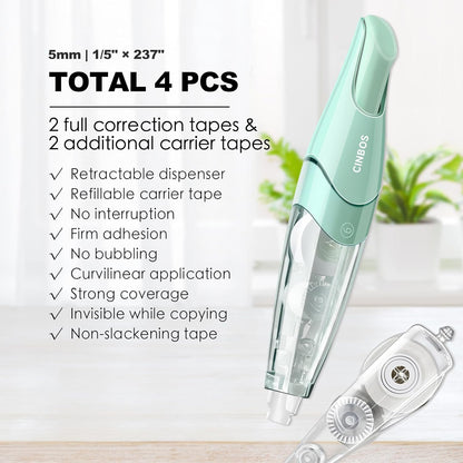 Refillable Retractable White Correction Tape, White Smooth Pull Out Correction Tape with 2 Extra Refills, Cute Correction Tape for Office Supplies, 4 PCS (CS-25)