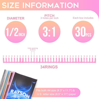 Rayson Click Binding Spines, 34-Hole Click Binding Ring for A4 and U.S. Letter Size Paper, Multi-Color, 1/2" Diameter, 3:1 Pitch, Binds Up to 90 Sheets, 30 Pack