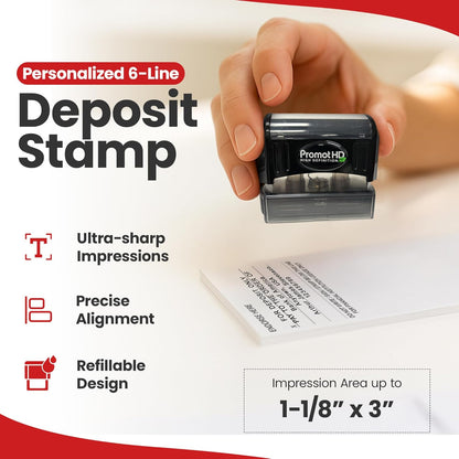 Promot Pre-Inked Custom Deposit Stamp - Personalized Text, Refillable Custom Stamp with Built-in Ink Reservoir, Easy 3-Step Re-Inking, Customized Rubber Stamp for Bank and Businesses (6-Lines)