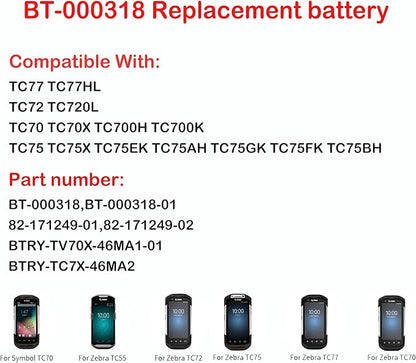 8 Pack TC77 Battery Replacement for Zebra Barcode Scanner BT-000318,Compatible with Zebra Symbol Motorola TC70, TC72, TC75, TC77, TC700h, TC700k, TC720l, TC75x, TC75EK, TC75AH, TC75GK, TC77HL