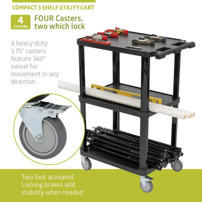 Pearington 3-Tier Compact Multi-Purpose Plastic Utility Cart with Lockable Wheels up to 300LBS, Black