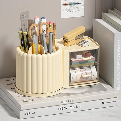 Anyoifax 360 Rotating Makeup Brush Holder 7 Slots Makeup Organizer with Drawer Removable Spinning Cosmetic Storage Pen Holder for Vanity, Dresser, Desk, Beige