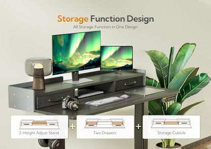 YDN Standing Desk with Drawers, 59 Inch Standing Desk Adjustable Height, Adjustable Electric Stand Up Sit Stand Small with Storage and Shelf, Black