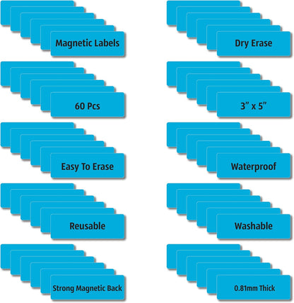 Magnetic Dry Erase Magnets Labels 3x1 inches, Reusable Name Tags, Organizing Schedules in Office/Classroom. Work on Fridge/White Board (Cyan 60Pcs)