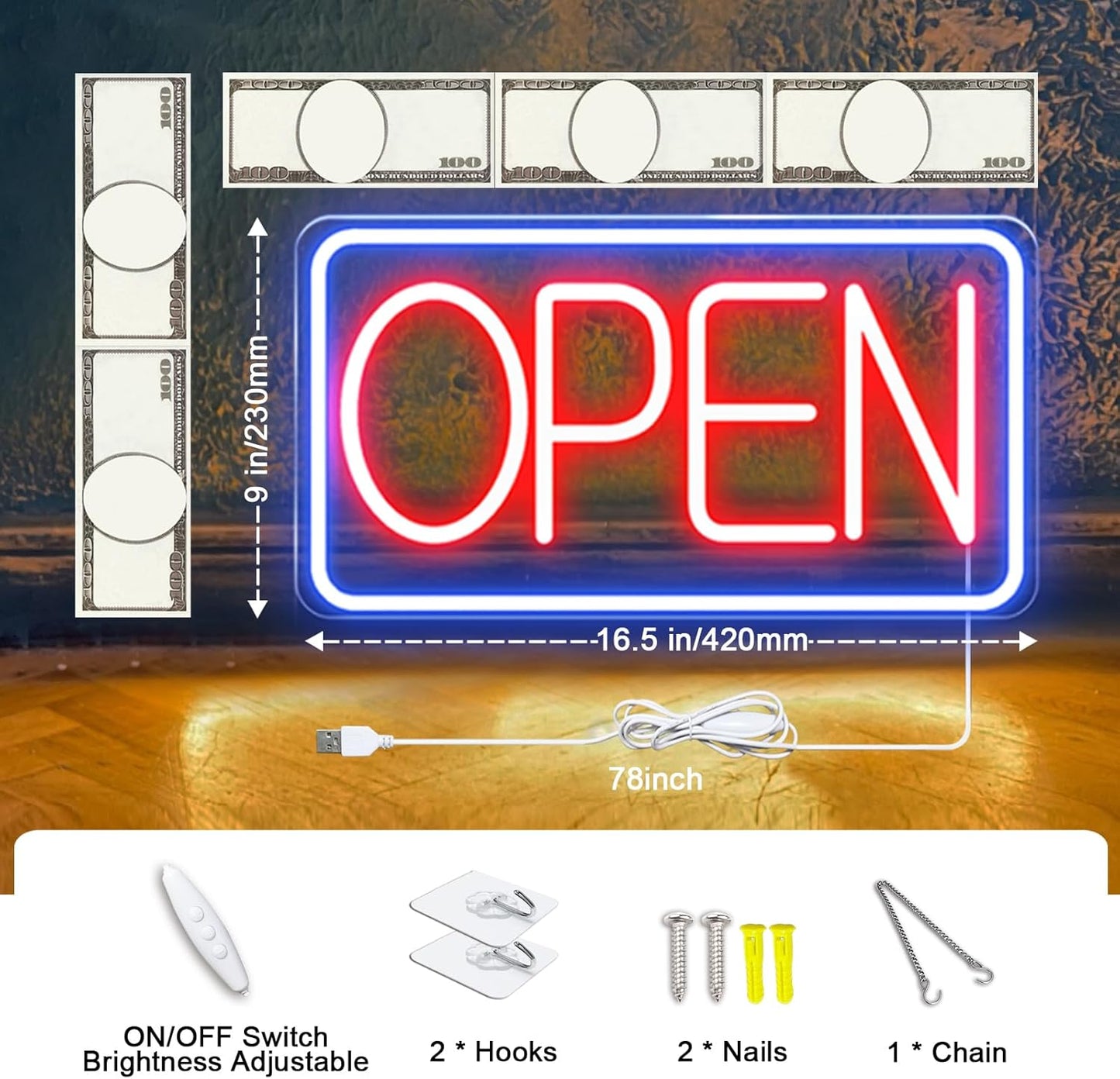 Led Neon Open Signs for Business,16.5"X 9" Open Signs, Powered by USB with ON/OFF Switch, Adjustable Bright Led Neon Open Sign for Bar Salon Coffee Stores Club Hotel (Blue/Red-Horizontal)