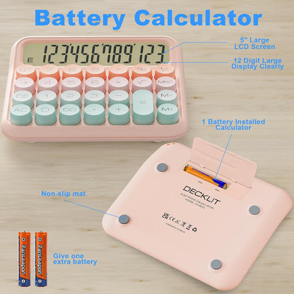 Mechanical Calculator 12 Digit Extra Large 5-Inch LCD Display, DECKLIT Battery Desk Calculator, Big Buttons Easy to Press Office Calculators Desktop, 15°Tilt Screen for Kids Calculator(Green&Pink)
