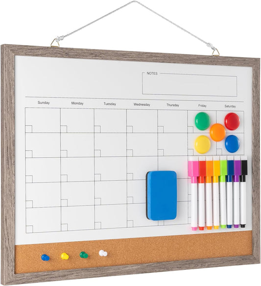 Dry Erase Calendar Whiteboard, 17" x 13" Magnetic Whiteboard Cork Board Combo, Reusable Monthly Planner with 8 Markers, Eraser, Magnets and Push Pins to Hang Dry Erase Board for Home, School - Gray