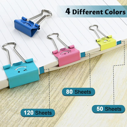 100 Pack Binder Clips Paper Clamps Assorted Sizes and Colors Cute Binder Clips with Smiling Face Metal Paper Clamps for Office, School
