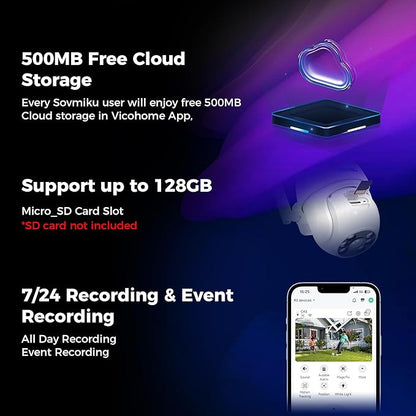 Sovmiku CA3 AI Auto Tracking Mini 2K Security Camera Wireless Outdoor, Two-Way Audio, Easy to Setup, 9.8Ft Power Cable,360° View, Color Night Vision, Audible Flashlight Alarm, 180 Days Exchange Policy