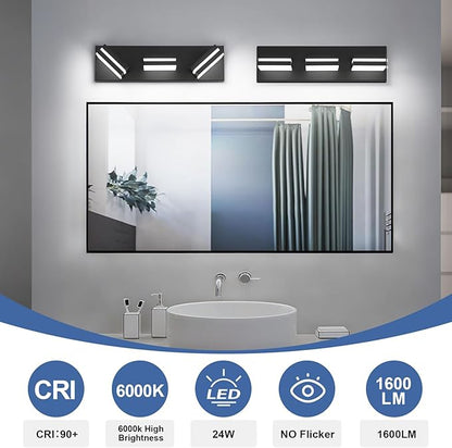 Modern LED Small Bathroom Lights Fixtures(3-Light),Metal Black Acrylic Wall Lighting,Vanity Lights for Bathroom Over Mirror(6000K 16in)