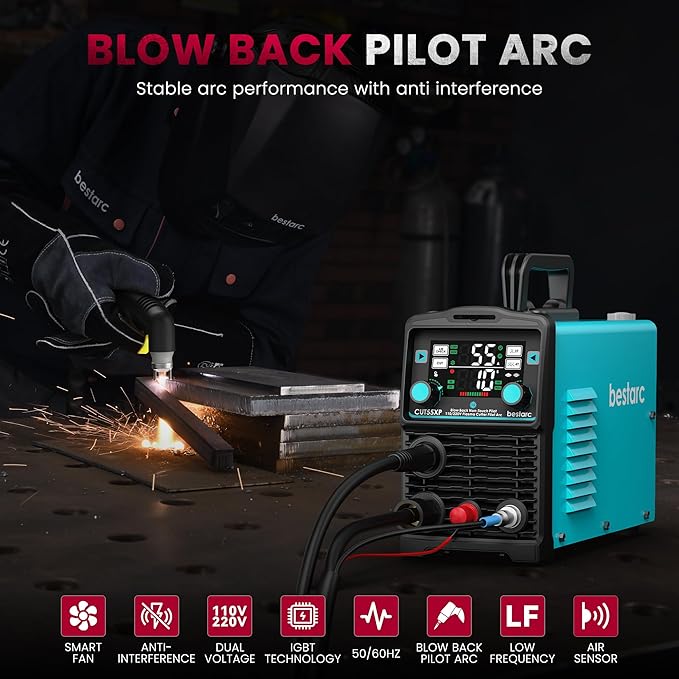 bestarc Plasma Cutter, [Blow Back Pilot Arc][Large LED][Air Sensor] 55A Non-HF bestarc Plasma Cutter Machine 110V/220V Dual Voltage, 5/8" Clean Cut 4/5" Max Cut, Post Flow, 2T/4T for Beginners DIY