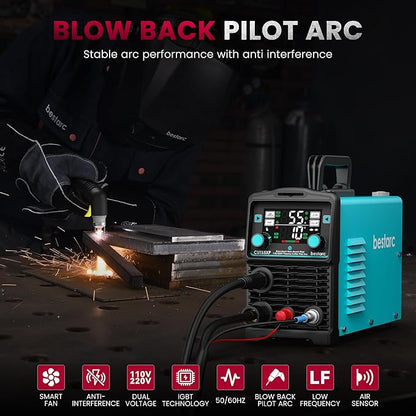 bestarc Plasma Cutter, [Blow Back Pilot Arc][Large LED][Air Sensor] 55A Non-HF bestarc Plasma Cutter Machine 110V/220V Dual Voltage, 5/8" Clean Cut 4/5" Max Cut, Post Flow, 2T/4T for Beginners DIY