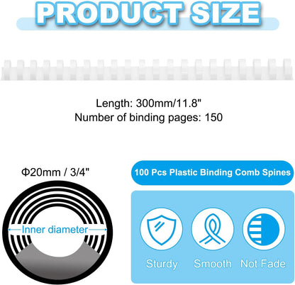 PATIKIL 20mm (3/4") Plastic Binding Combs, 100 Pcs 21 Rings Comb Binding Spines 150 Sheet Capacity Letter Size for Binding Paper Sheets Notebook Calendar Picture Album, White