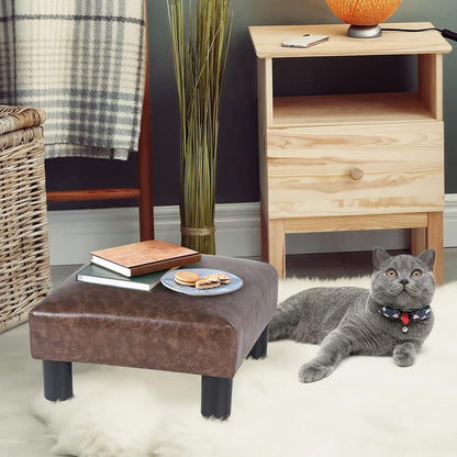 Joveco Small Footstool Ottoman Upholstered PU Leather Square Footrest Ottomans Small Foot Rest for Desk Couch Living Room Bedroom Office (Brown)