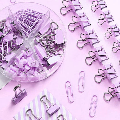 Purple Paper Clips and Binder Clips Set, 216 pcs, Metal Assorted Sized Binders with Push Pins, Cute Office Supplies for Desk, Durable Desk Accessories, 3 Pack