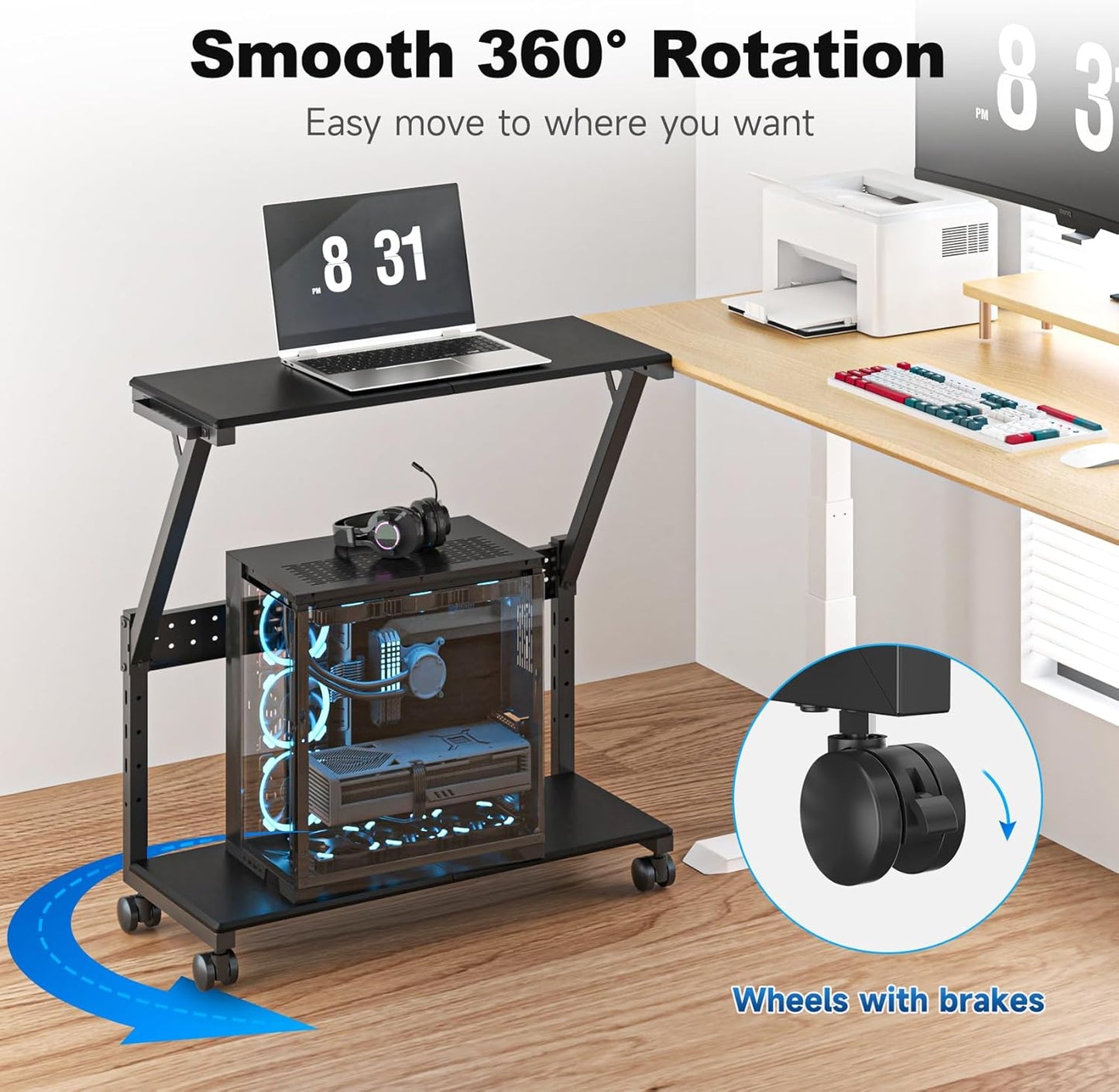 Suptek Computer Tower Stand,Height Adjustable PC Tower Stand/Cart with Wheels, Mobile Rolling CPU Holder, Computer Cart Side Stand for Computer Desk,23.22"-31.10"Hx25.19" Lx11.81" W, Black