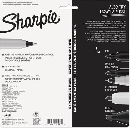 Sharpie Permanent Markers Ultra Fine Point Assorted Colors 12 Count
