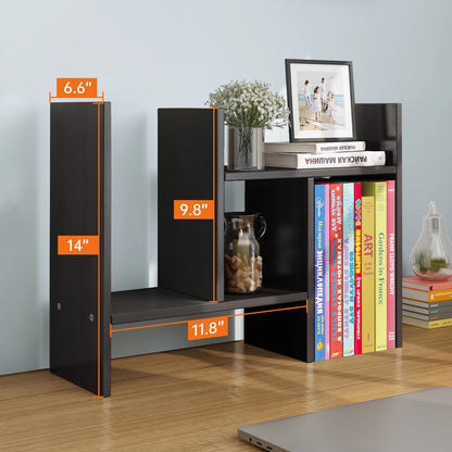 YSJILIDE Wood Adjustable Small Desktop Bookshelf, Expandable Storage Rack, Display Shelf, Office Supplies Organizer (Black)
