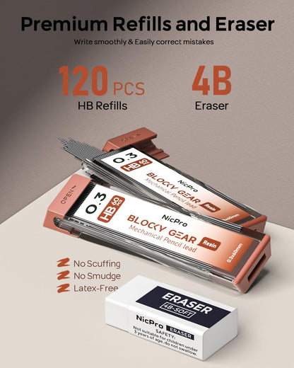 Nicpro Blocky Gear 0.3 mm Mechanical Pencils Set in Case, Metal Pencil with Lead Refills, Eraser for Professional & Adult Art Writing Drafting Drawing