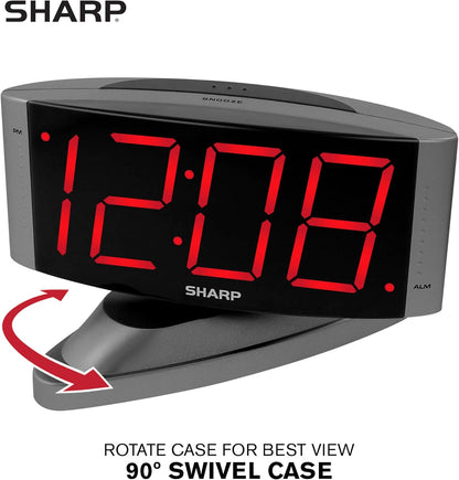 Sharp Home LED Digital Alarm Clock – Swivel Base - Outlet Powered, Simple Operation, Alarm, Snooze, Brightness Dimmer, Big Red Digit Display, Gun Metal Grey Case
