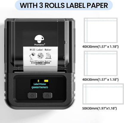 Phomemo M120 Label Maker, 2 Inch Bluetooth Thermal Label Printer with 3 Rolls Thermal Label(4030/4030/5030mm), Label Maker Machine for Small Business, Barcode, Address, Sticker Printer for Phone & PC