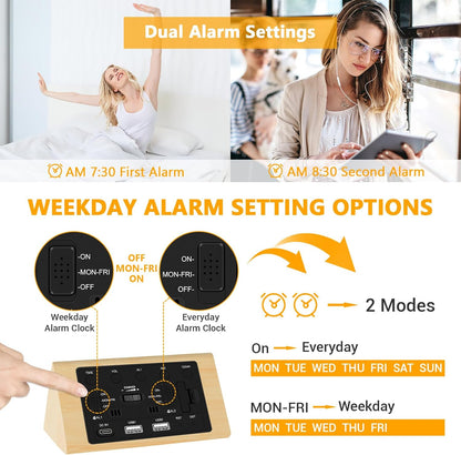 Kogonee Wooden Digital Alarm Clock, 0-100% Dimmer, 2 Alarm Settings, Weekday/Everyday Mode, 9 Mins Snooze, 12/24H, Temperature and Date Display for Office, Travel, Bedroom Alarm Clock (Bamboo)