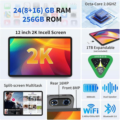 12 Inch Tablet Android 15 Tablets, 2026 Upgraded Android Tablet with Keyboard, 24GB RAM+256GB ROM(1TB Expand), Octa-Core, 2K 2000x1200 Display, 16MP Dual Camera, 8000mAh, 2.4G/5G WiFi, GPS (Silver）