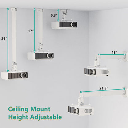 WALI Projector Mount Ceiling/Wall - Universal 3-in-1 Bracket with Extension Pole, Height Adjustable Holder for LCD/DLP Projectors, Supports up to 44lbs, White (PM-003-W)