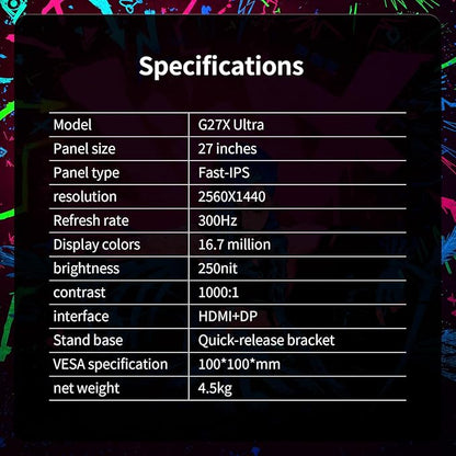27-inch 300Hz Gaming Monitor, 2K QHD (2560x1440),1MS, Fast IPS Panel Computer Monitor, Support FreeSync,High Brightness 250 cd/㎡, 100% sRGB, HDMI,DP Ports (G27X Ultra)