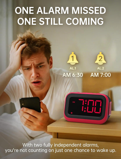 Loud Alarm Clock for Heavy Sleepers: 115dB Dual Alarms with 6 Unique Sounds for Bedroom Dorm Room Use - On-Time Wake Up for Teen College Students - Red